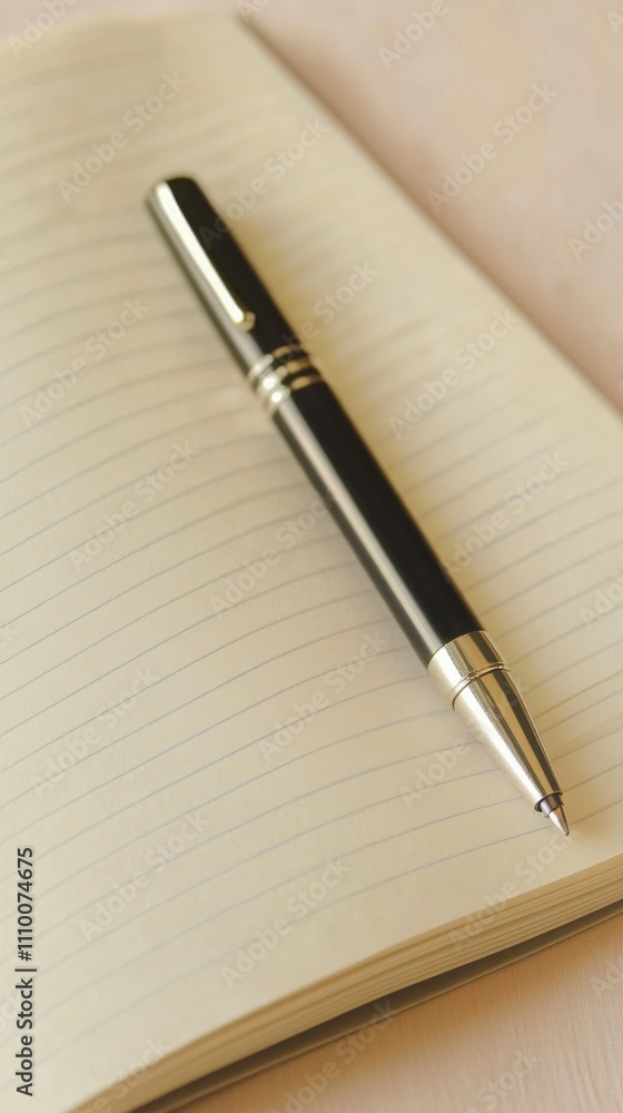 Elegant Pen on Blank Notebook on Pastel Table Elegant Pen on Blank Notebook on Pastel Table