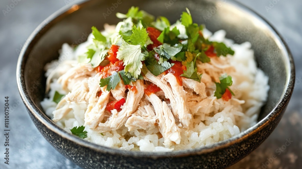 Tender Shredded Chicken Over Steamed Rice with Fresh Cilantro Garnish Tender Shredded Chicken Over Steamed Rice with Fresh Cilantro Garnish