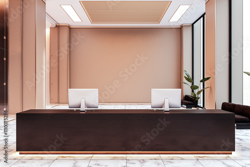 Modern reception desk in a spacious corporate lobby with marble flooring, backlit counter, and computer screens. Contemporary design. 3D Rendering