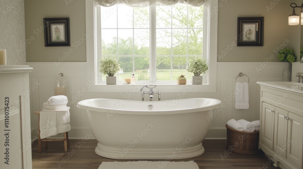Elegant and Serene Bathroom with Large Bathtub and Natural Light Elegant and Serene Bathroom with Large Bathtub and Natural Light