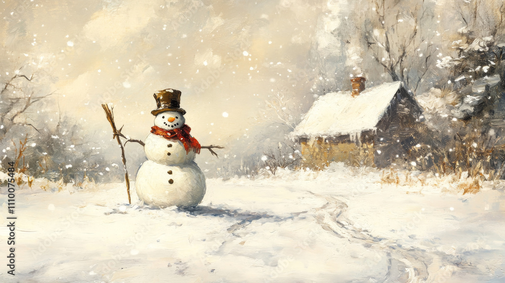 Obraz premium Merry christmas and happy new year greeting card with copy-space.Happy snowman standing in winter christmas landscape.Snow background