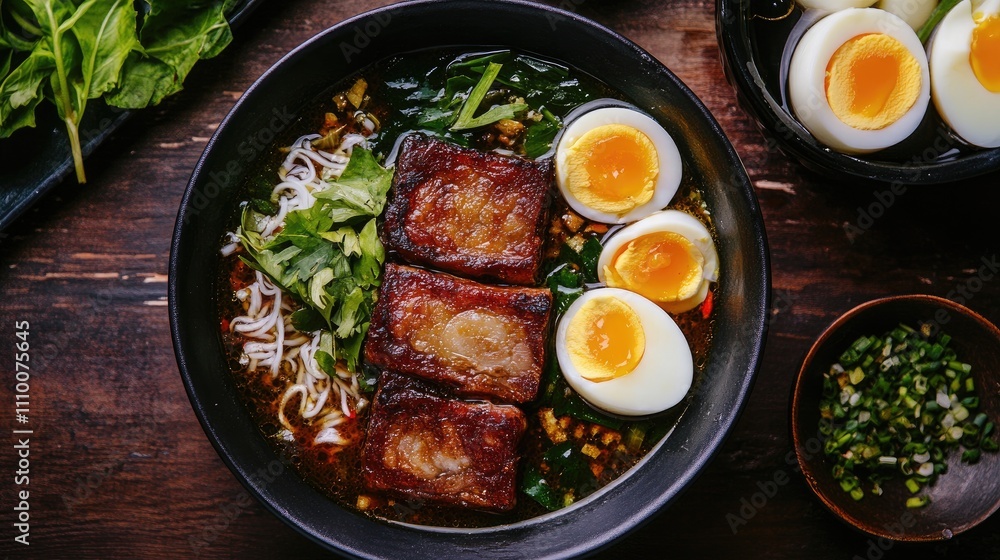 Delicious Bowl of Noodles with Pork, Eggs and Fresh Vegetables Delicious Bowl of Noodles with Pork, Eggs and Fresh Vegetables