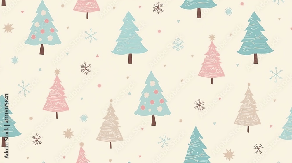 Cute Pastel Christmas Tree Pattern With Snowflake Accents Cute Pastel Christmas Tree Pattern With Snowflake Accents