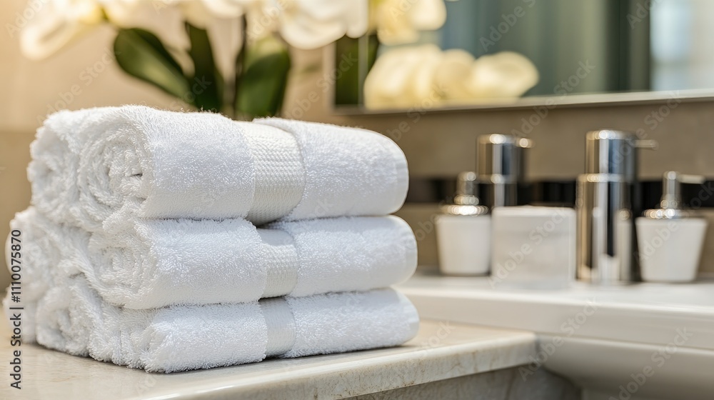 Stacked Fresh White Towels in Stylish Modern Bathroom Setting Stacked Fresh White Towels in Stylish Modern Bathroom Setting
