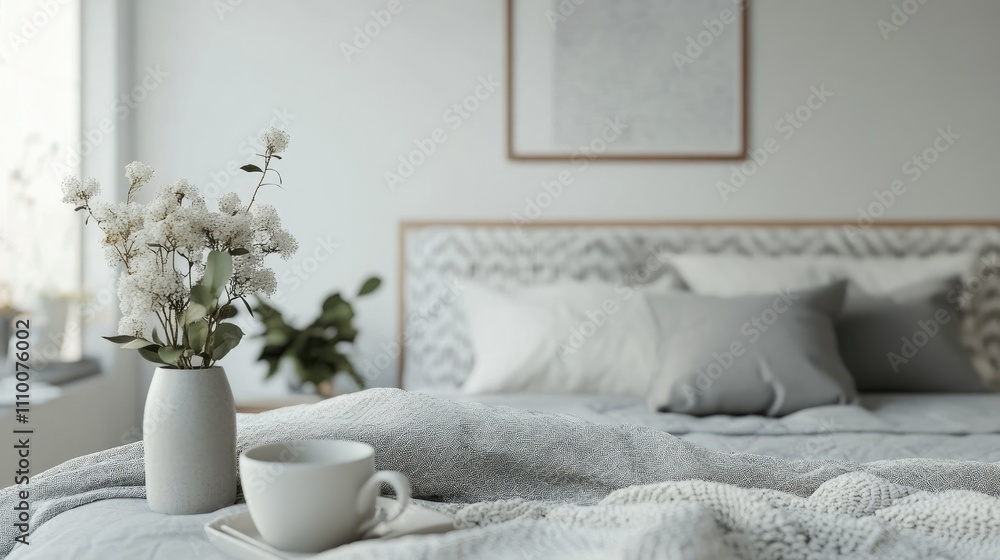 Naklejka premium Cozy Bedroom Scene with Floral Arrangement and Warm Textiles