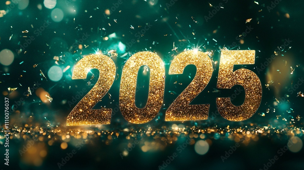 A dazzling Happy New Year 2025 design featuring glittering golden numbers '2025' illuminated against a rich dark green background, A dazzling Happy New Year 2025 design featuring glittering golden numbers '2025' illuminated against a rich dark green background,