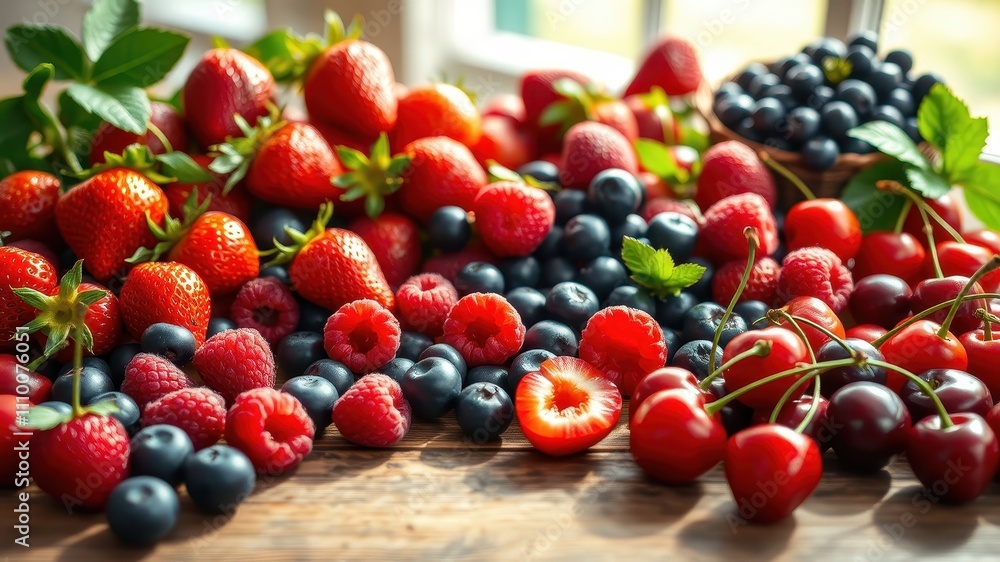 A vibrant spread of ripe strawberries, blueberries, raspberries, and cherries, capturing the essence of summer's bounty and the sweet taste of fresh fruit. A vibrant spread of ripe strawberries, blueberries, raspberries, and cherries, capturing the essence of summer's bounty and the sweet taste of fresh fruit.