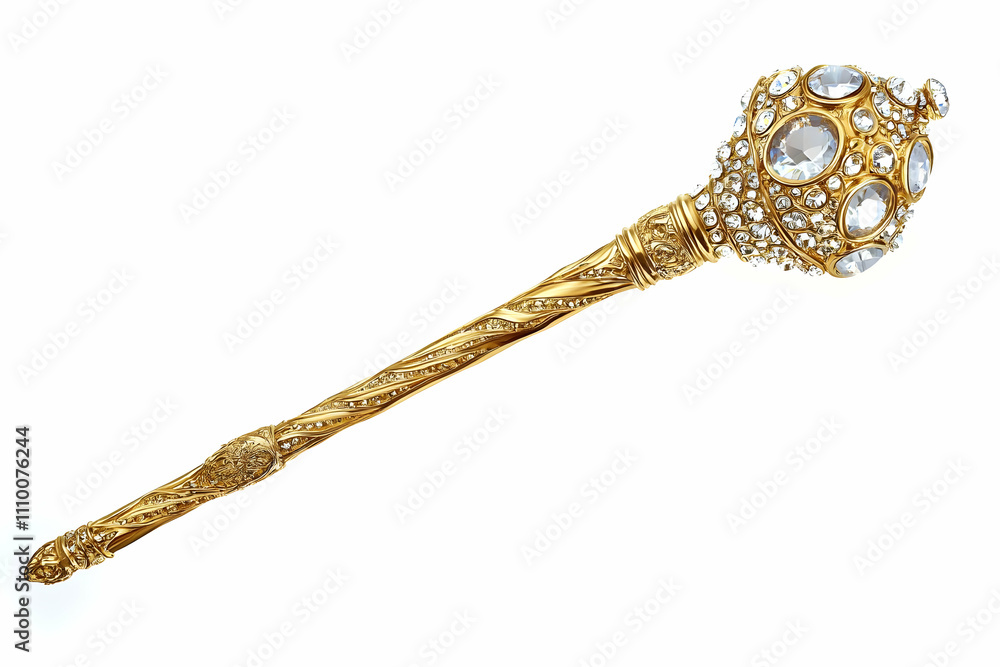 A decorative golden scepter adorned with jewels, likely used in ceremonial contexts. A decorative golden scepter adorned with jewels, likely used in ceremonial contexts.