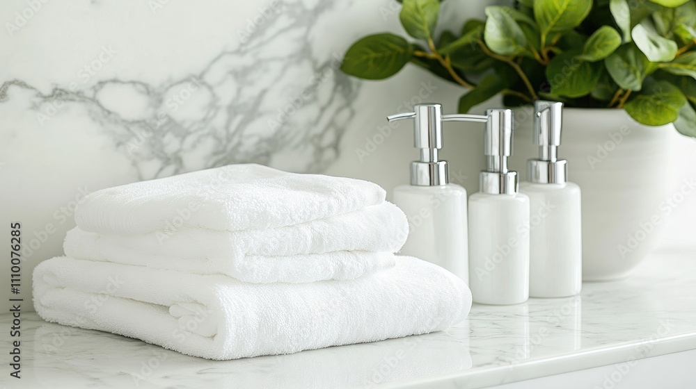 Soft White Towels and Soap Dispensers on Marble Countertop Soft White Towels and Soap Dispensers on Marble Countertop