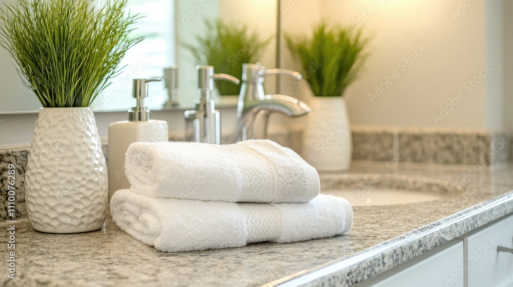Elegant Bathroom Countertop with White Towels and Green Accents Elegant Bathroom Countertop with White Towels and Green Accents