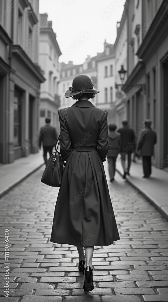 Fototapeta premium Vintage Woman Walking Through Paris Street in 1950s Monochrome