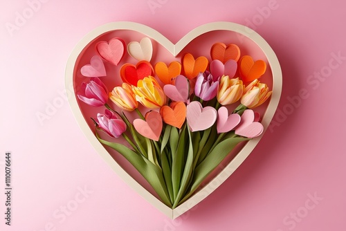 Elegant mother s day concept  overhead view of tulips and paper hearts in heart shaped frame on pink photo