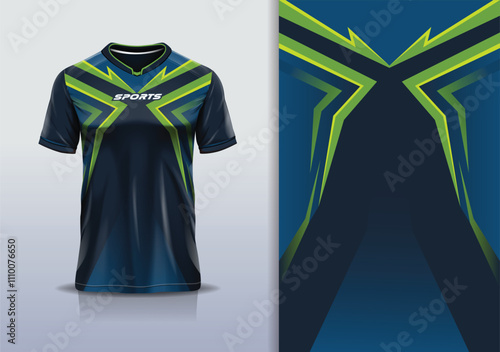 T-shirt mockup abstract stripe line jersey design for football, soccer, racing, esports, running, in blue navy green color