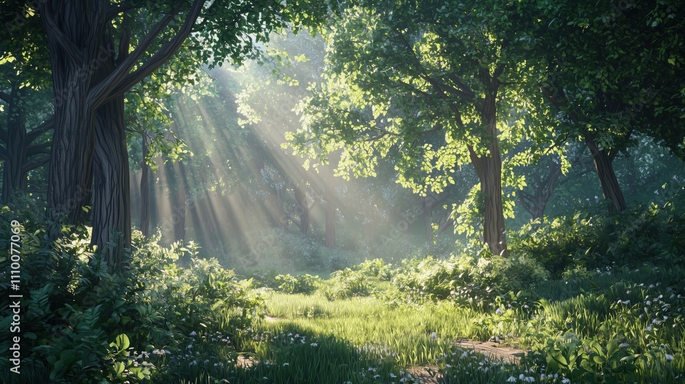 Obraz premium a peaceful forest with soft sunlight filtering through the trees, tranquil atmosphere, lush green foliage, cinematic lighting