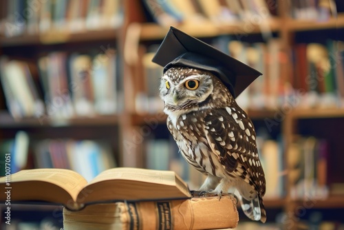 Wallpaper Mural Owl in Graduation Cap Perched on Books in Library Setting, Symbolizing Wisdom and Knowledge Torontodigital.ca