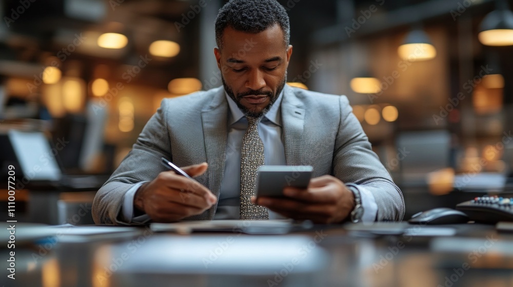 well-dressed businessman sits at a sleek desk, focused on his smartphone while jotting down notes. Modern office decor surrounds him, creating a productive atmosphere for financial analysis well-dressed businessman sits at a sleek desk, focused on his smartphone while jotting down notes. Modern office decor surrounds him, creating a productive atmosphere for financial analysis