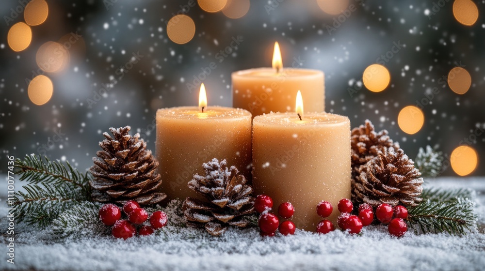 Three warm candles illuminate a winter tabletop adorned with pine cones and vibrant red berries, surrounded by a dusting of snow, creating a cozy Christmas ambiance Three warm candles illuminate a winter tabletop adorned with pine cones and vibrant red berries, surrounded by a dusting of snow, creating a cozy Christmas ambiance