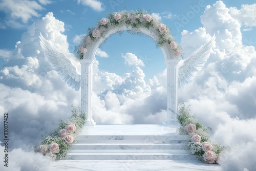 Ethereal Marble Arch with Angelic Wings Surrounded by Fluffy Clouds and Floral Accents in Blue Sky
