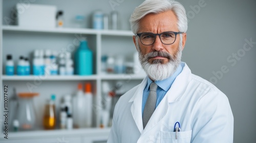 Senior scientist with gray hair and glasses stands confidently in a well-equipped laboratory, surrounded by flasks and chemicals, focused on his research activities