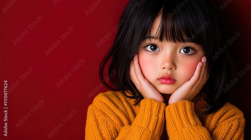 A girl with expressive eyes and a thoughtful expression holds her face in her hands, dressed in a cozy yellow sweater against a striking red background, evoking a sense of curiosity A girl with expressive eyes and a thoughtful expression holds her face in her hands, dressed in a cozy yellow sweater against a striking red background, evoking a sense of curiosity
