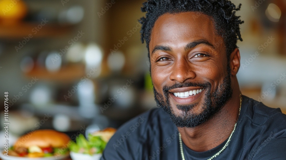 joyful man with a beard and curly hair sits at a table in a warm, inviting restaurant. He smiles brightly while a tasty meal awaits him, creating a delightful atmosphere joyful man with a beard and curly hair sits at a table in a warm, inviting restaurant. He smiles brightly while a tasty meal awaits him, creating a delightful atmosphere