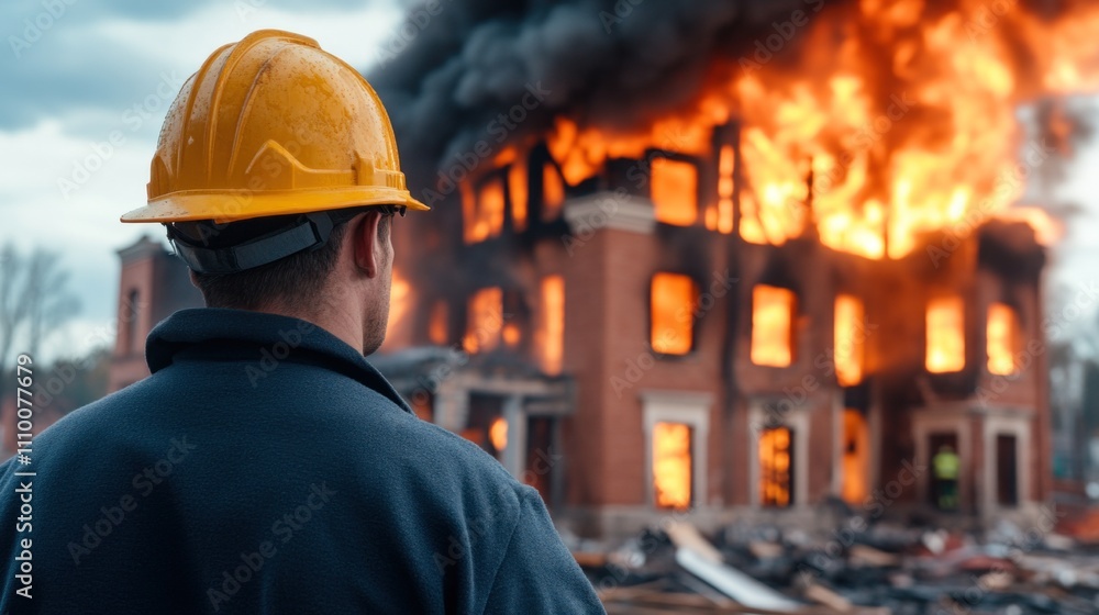 firefighter stands watching a significant house fire as flames engulf the structure during twilight, creating a dramatic scene of smoke and destruction in a neighborhood firefighter stands watching a significant house fire as flames engulf the structure during twilight, creating a dramatic scene of smoke and destruction in a neighborhood