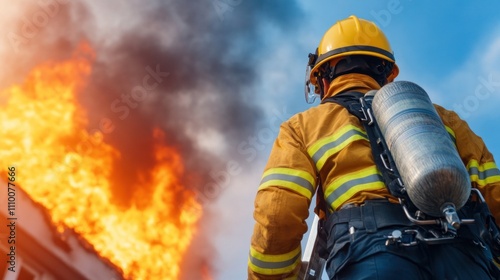 brave firefighter in protective gear stands ready as flames engulf a house under a clear blue sky. intense fire highlights the dangers faced by first responders