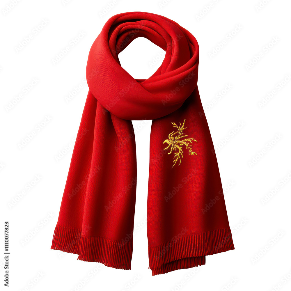 Red scarf with golden embroidered phoenix, elegant winter fashion accessory, bold color, intricate detailing. Isolated on white background or PNG Red scarf with golden embroidered phoenix, elegant winter fashion accessory, bold color, intricate detailing. Isolated on white background or PNG