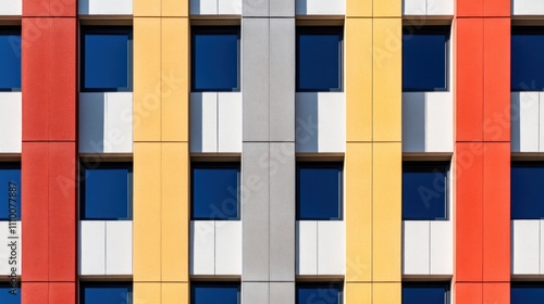 This view highlights the striking facade of a contemporary building with bold colors, including red, yellow, gray, and white