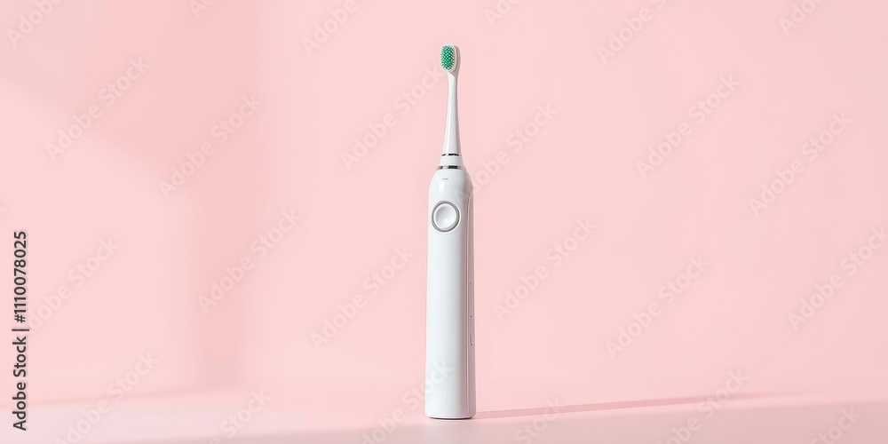 A Minimalist Image of a White Electric Toothbrush Standing Upright on a Soft Pink Background A Minimalist Image of a White Electric Toothbrush Standing Upright on a Soft Pink Background