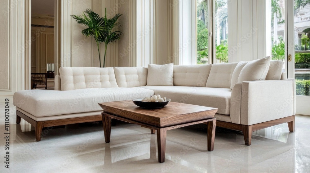 Spacious living room features a stylish white sectional sofa and a wooden coffee table, surrounded by large windows and greenery, creating a bright and inviting atmosphere Spacious living room features a stylish white sectional sofa and a wooden coffee table, surrounded by large windows and greenery, creating a bright and inviting atmosphere