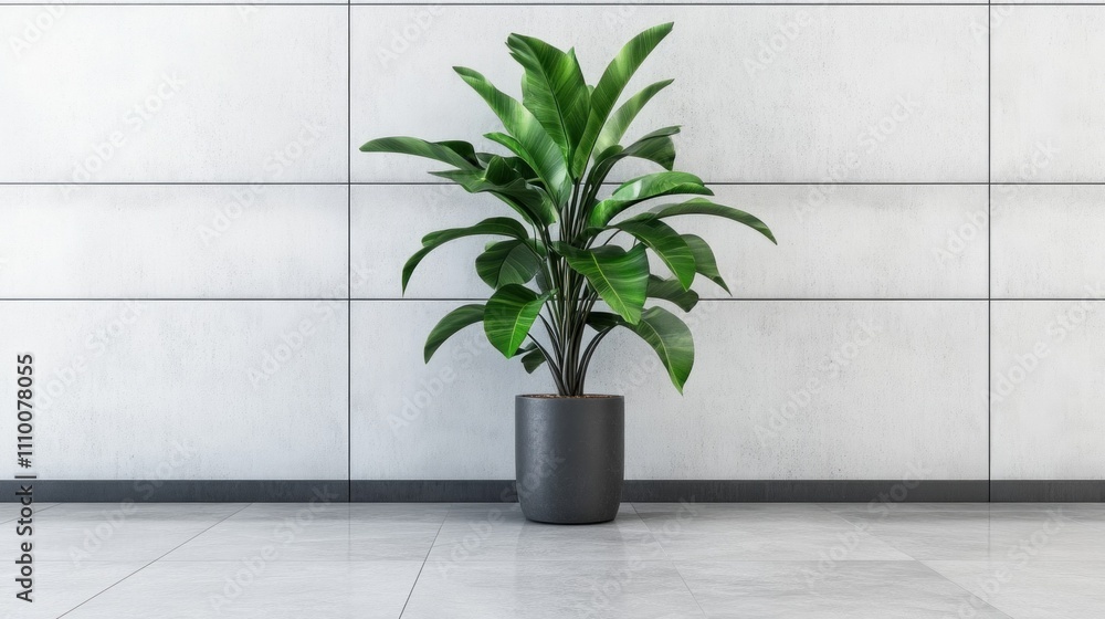 A lush green tropical plant stands gracefully in a contemporary indoor space, surrounded by smooth gray walls and polished marble flooring, creating a serene atmosphere A lush green tropical plant stands gracefully in a contemporary indoor space, surrounded by smooth gray walls and polished marble flooring, creating a serene atmosphere