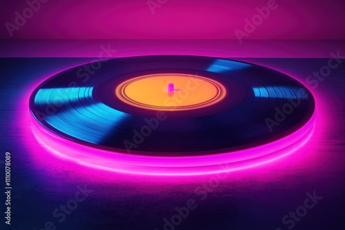 Vintage Vinyl Record with Neon Glow and Colorful Lighting for Retro Music Display and Artistic Photography