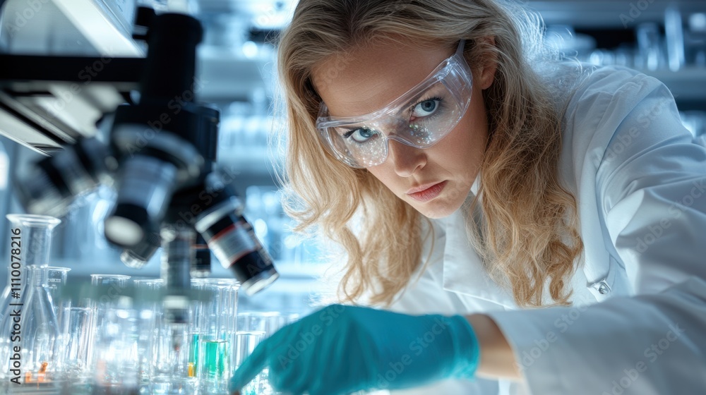 A dedicated scientist in a lab coat and protective goggles meticulously analyzes various samples under bright lights, demonstrating concentration and commitment to her research A dedicated scientist in a lab coat and protective goggles meticulously analyzes various samples under bright lights, demonstrating concentration and commitment to her research