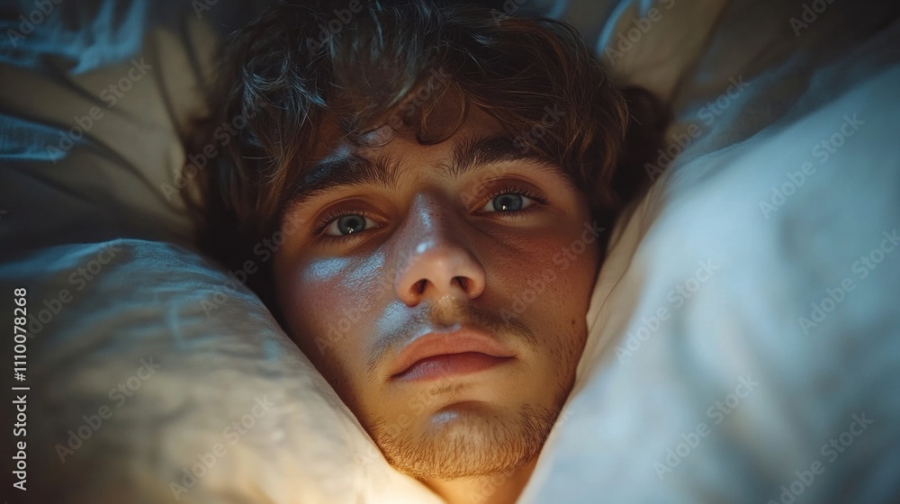 young man is lying on his back, surrounded by fluffy pillows, in a softly lit room. His thoughtful expression suggests he is lost in deep contemplation during the late night young man is lying on his back, surrounded by fluffy pillows, in a softly lit room. His thoughtful expression suggests he is lost in deep contemplation during the late night