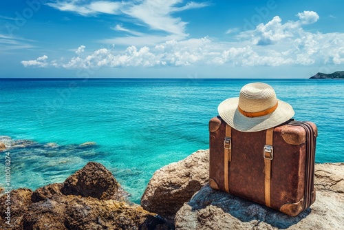 Summer travel essentials  a suitcase and sunhat against a stunning blue sea and clear sky backdrop