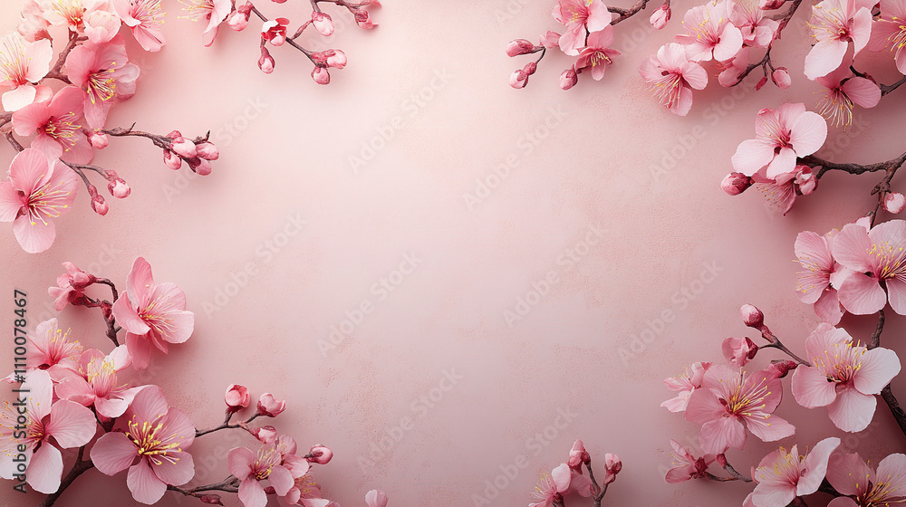 Fototapeta premium Pink background with pink cherry blossoms on the edges, pink background with peach blossom decoratio