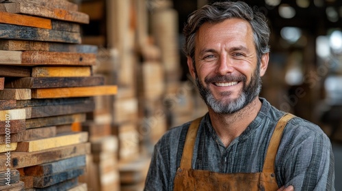 confident carpenter stands in a cozy workshop filled with stacks of wooden planks. He wears a work apron and smiles warmly, showcasing his passion for craftsmanship and woodworking