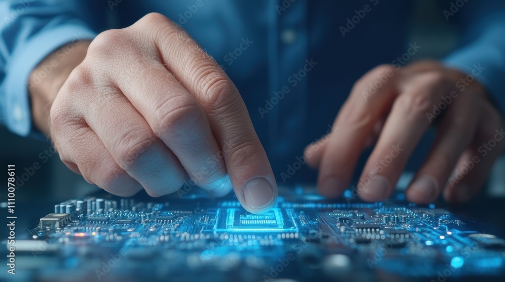 A technician carefully inspects a circuit board, focusing on its components and connections in a contemporary laboratory, showcasing advanced technological processes A technician carefully inspects a circuit board, focusing on its components and connections in a contemporary laboratory, showcasing advanced technological processes