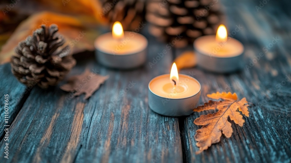 Soft candlelight flickers gently beside fallen autumn leaves and pine cones, creating a serene atmosphere on a rustic wooden table during a cozy evening Soft candlelight flickers gently beside fallen autumn leaves and pine cones, creating a serene atmosphere on a rustic wooden table during a cozy evening