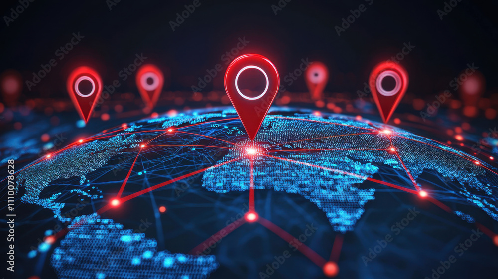 3D globe with red pins marking locations around the world 3D globe with red pins marking locations around the world