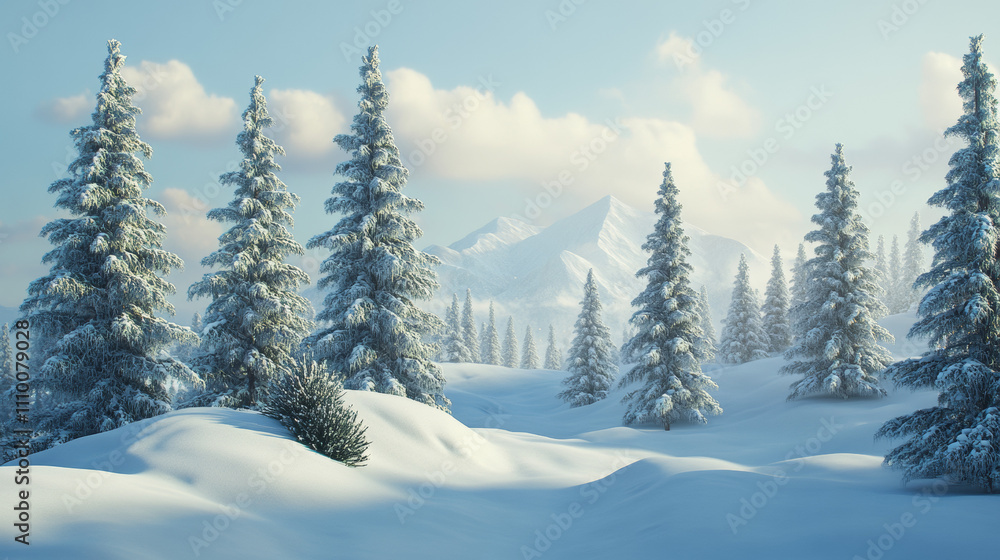 Obraz premium Beautiful landscape with snow covered fir trees and snowdrifts.Merry Christmas and happy New Year greeting background with copy-space.Winter fairytale.