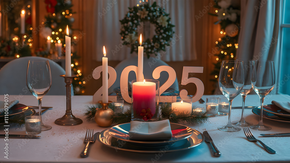 A New Year’s Eve dinner table setup for 2025, with elegant candles, festive plates, and sparkling decorations, ultra-detailed 8K A New Year’s Eve dinner table setup for 2025, with elegant candles, festive plates, and sparkling decorations, ultra-detailed 8K
