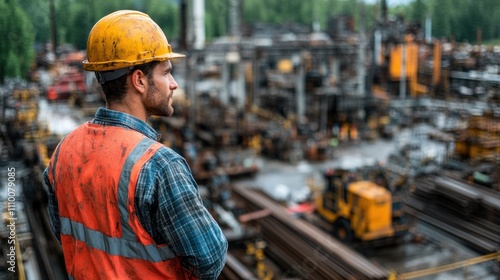 construction worker wearing a hard hat and safety vest watches over an active industrial site filled with machinery and materials. environment is bustling with activity