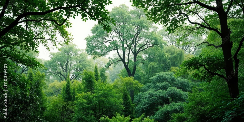 Obraz premium A canopy of verdant leaves and branches intertwine, creating a picturesque scene of natural beauty and tranquility