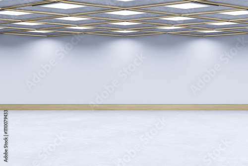 Fototapeta Naklejka Na Ścianę i Meble -  Spacious modern interior with blank light gray walls and tiled ceiling featuring illuminated panels. Clean and empty space concept. 3D Rendering