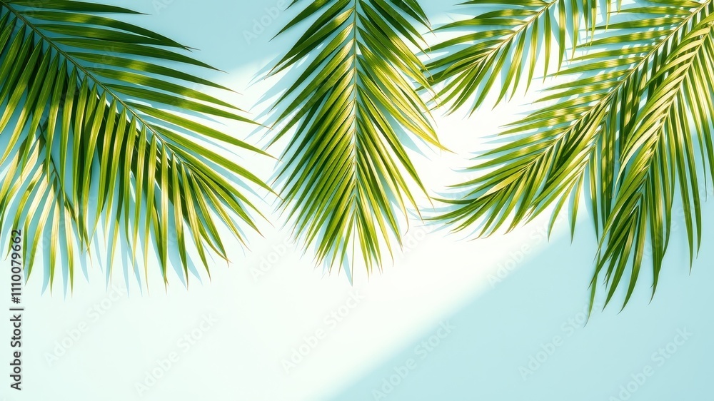 Fototapeta premium Tropical palm leaves with sunlit shadows cast on a light blue background.