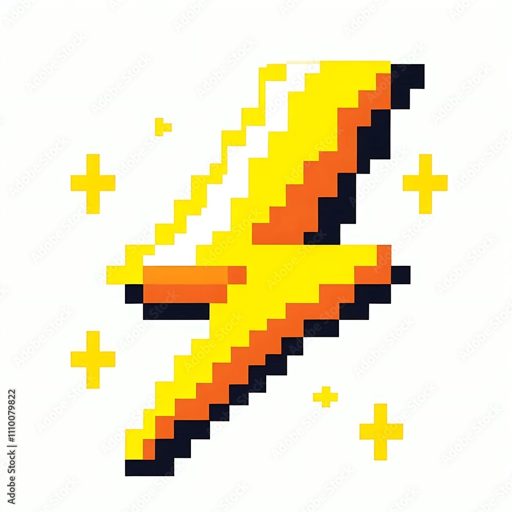Pixelated yellow lightning bolt with sparkles. Pixelated yellow lightning bolt with sparkles.