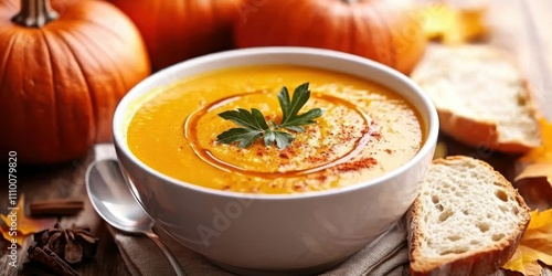 A bowl of warm pumpkin soup with bread on the side, surrounded by pumpkins, autumn leaves, and spices.