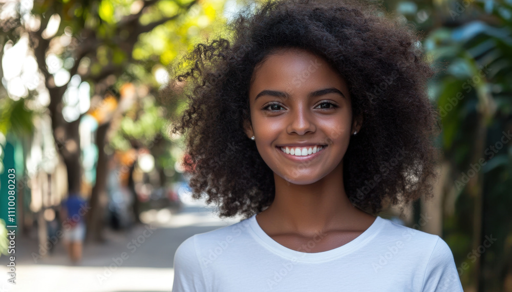 happy girl with curly hair smiles brightly in sunny street. vibrant greenery and warm atmosphere create joyful scene happy girl with curly hair smiles brightly in sunny street. vibrant greenery and warm atmosphere create joyful scene